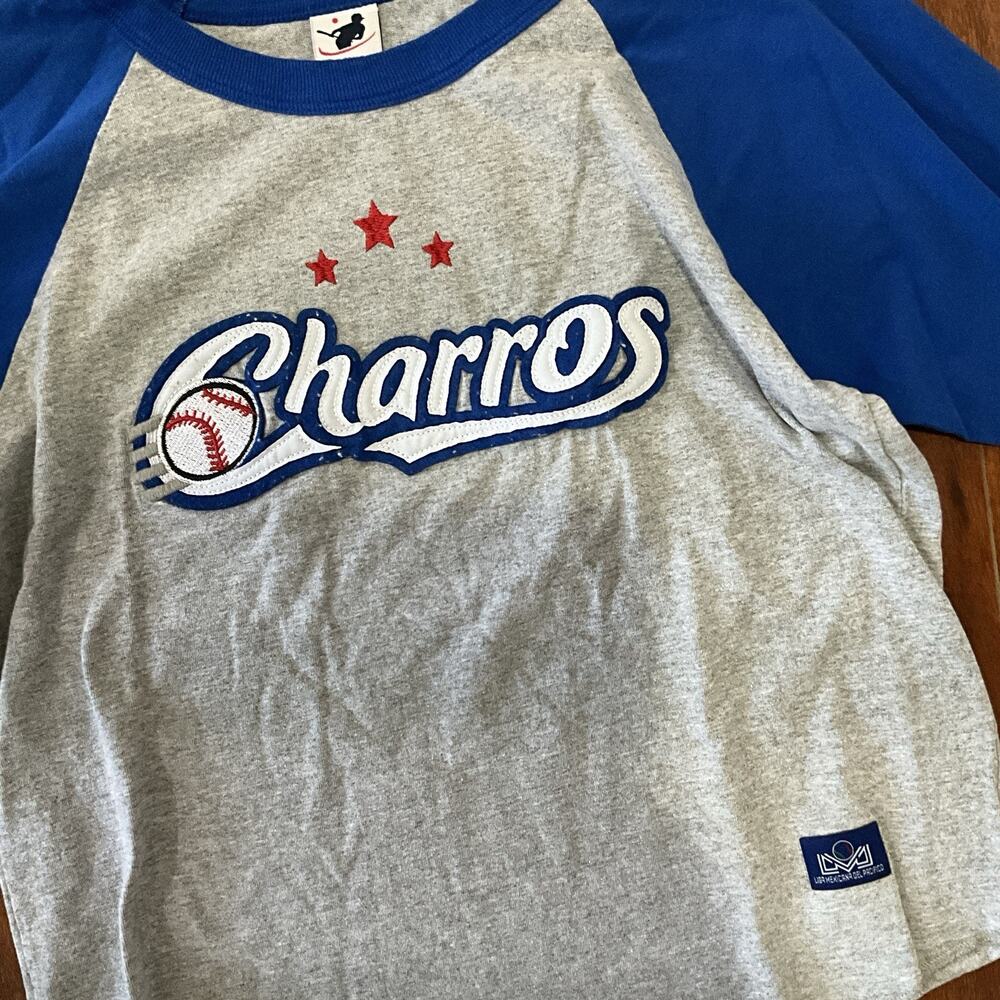 Charros de Jalisco LMP Baseball Raglan 3/4 Sleeve Shirt Heather Grey Blue Med - Picture 3 of 4